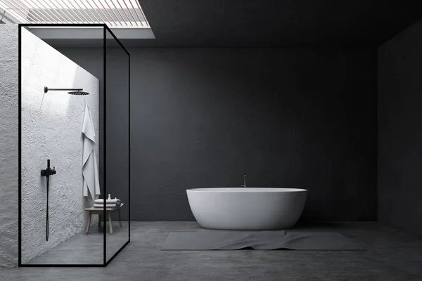 Interiér v šedé koupelně, sprcha a vana — Stock fotografie