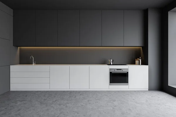 Beyaz tezgahlı minimalist gri mutfak — Stok fotoğraf