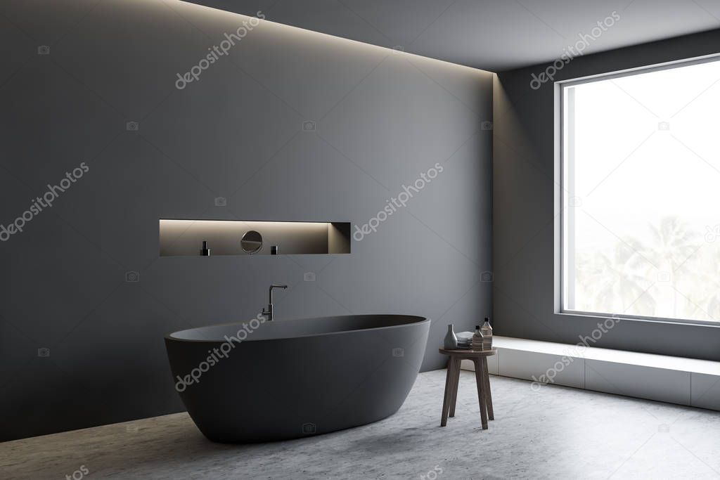Gray bathroom corner with tub and shelf