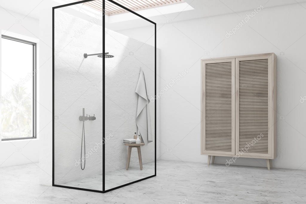 White bathroom corner with shower stall