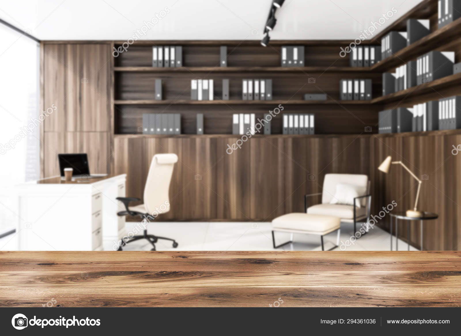 Table For Product In Blurred Wooden Ceo Office Stock Photo