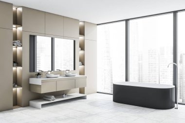 Bej loft banyo köşesi, küvet ve lavabo