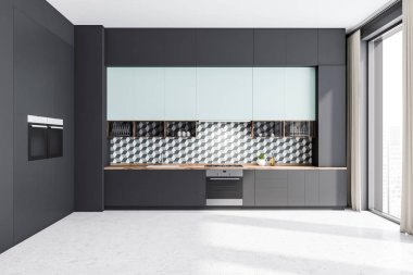 Mavi dolaplar ile gri mutfak iç