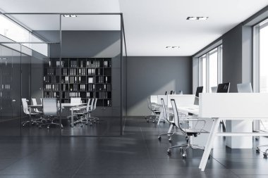Gri açık alan ofis cam duvar toplantı odası
