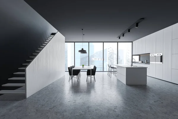 Merdiven ve masa ile gri mutfak — Stok fotoğraf