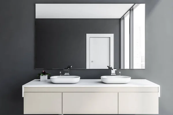 Primer plano de doble lavabo en baño gris —  Fotos de Stock