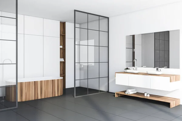 Fehér csempe fürdőszoba sarok káddal és mosdóval — Stock Fotó