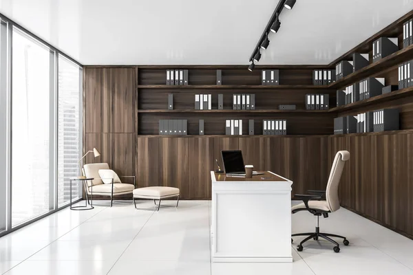 Wooden panoramic CEO office with lounge — Stock Photo, Image