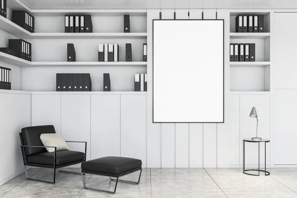 Salón de oficina blanco, sillón y póster —  Fotos de Stock