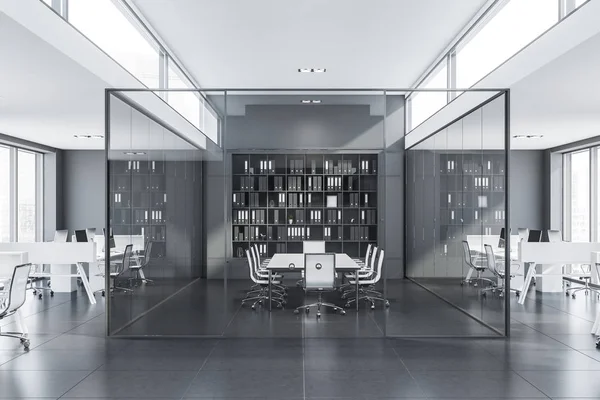 Glass meeting room in gray office — Stock Photo, Image