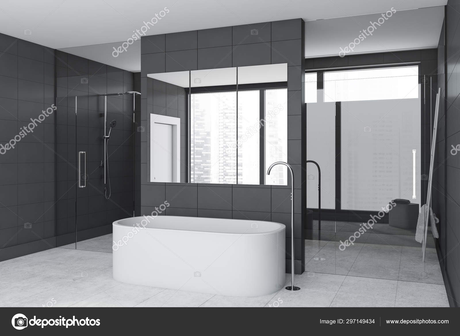 Gray Tile Bathroom Corner With Tub And Shower Stock Photo