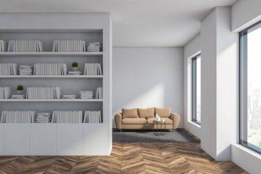 Kitaplık ve kanepe ile beyaz oturma odası