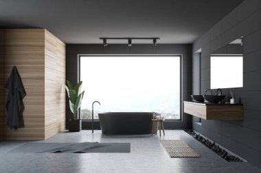 Gri ve ahşap panoramik banyo