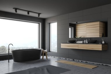 Sahne ile lüks gri banyo köşesi