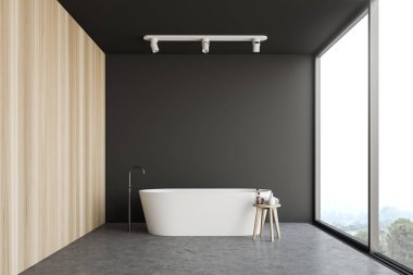 Minimalist çatı grisi ve ahşap banyo