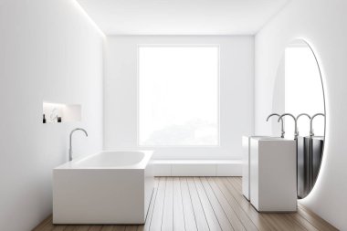 Yuvarlak ayna ile beyaz banyo iç