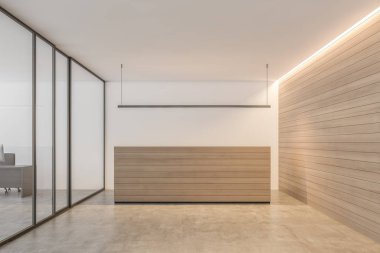 Beyaz ofiste ahşap resepsiyon masası