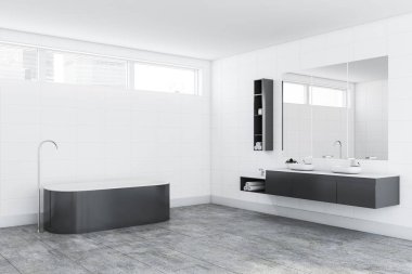 Beyaz kiremit banyo köşesi, küvet ve lavabo