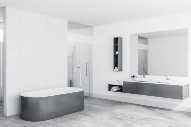 Beyaz kiremit banyo, küvet ve lavabo köşesi