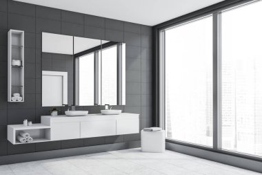 Panoramik gri karo banyo köşesi, küvet ve lavabo