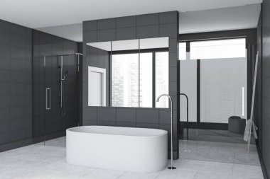 Küvet ve duş ile gri karo banyo köşesi