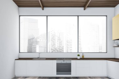 Fırın ile panoramik beyaz mutfak iç