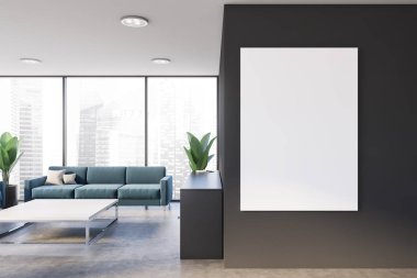 Dikey posterli gri ofis bekleme odası