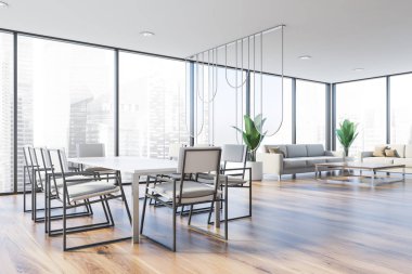 Panoramik toplantı odası, beyaz sandalyeler ve salon