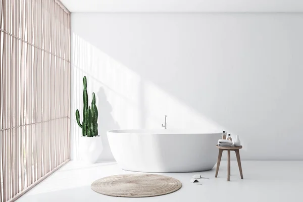 White and light wood bathroom interior with tub — Stock Photo, Image