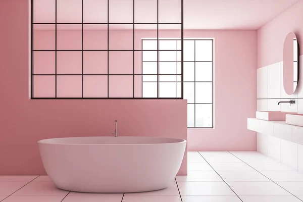 Rosa und weiße Fliesen Badezimmer, Waschbecken und Badewanne — Stockfoto