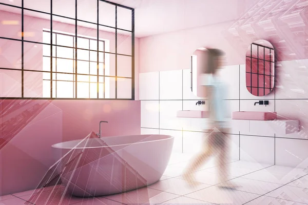 Žena chůze v bílé a růžové koupelně — Stock fotografie