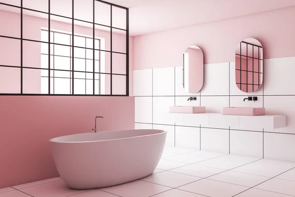 Rincón del baño de azulejos rosa y blanco, lavabo y bañera —  Fotos de Stock