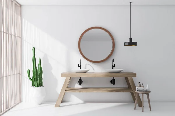 White bathroom with double sink and mirror — Stock Photo, Image