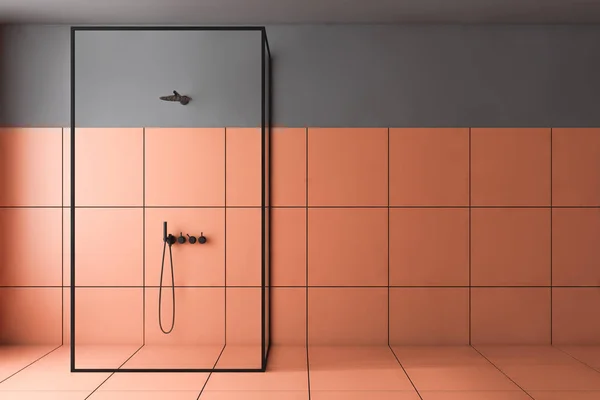 Salle de bain carrelage gris et orange avec douche — Photo