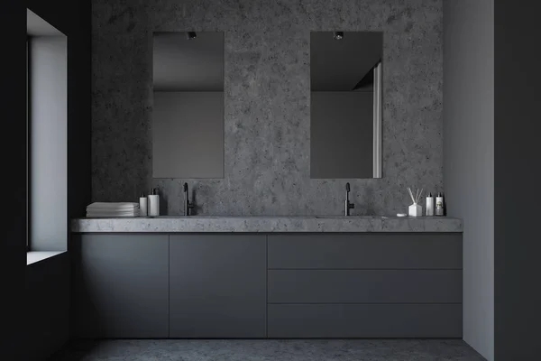 Szara i kamienna łazienka z podwójną umywalką — Zdjęcie stockowe