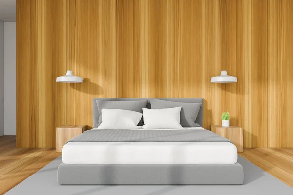 Lekka drewniana sypialnia wnętrze — Zdjęcie stockowe