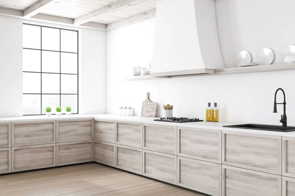 Witte keukenhoek met houten werkbladen — Stockfoto