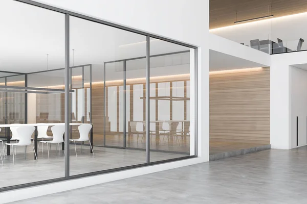 Glass and wood office hall with meeting room — Stock Photo, Image