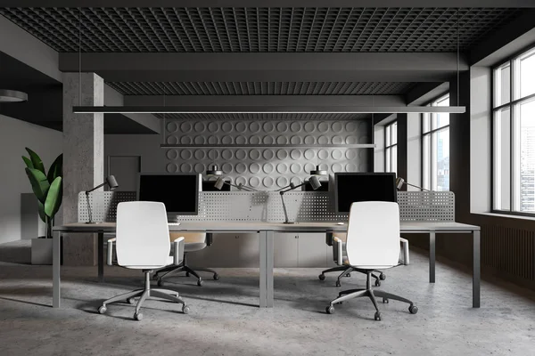Interno ufficio open space grigio, motivo geometrico — Foto Stock