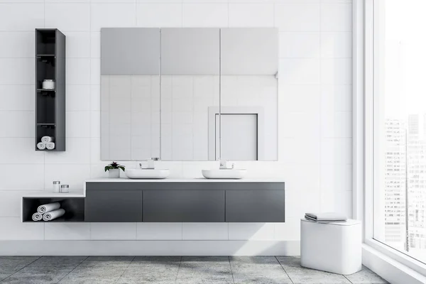 White tile bathroom interior with double sink