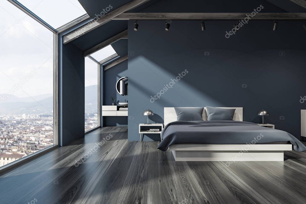 Grey attic bedroom interior with bathroom