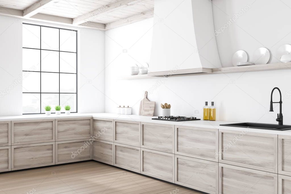 White kitchen corner with wooden countertops