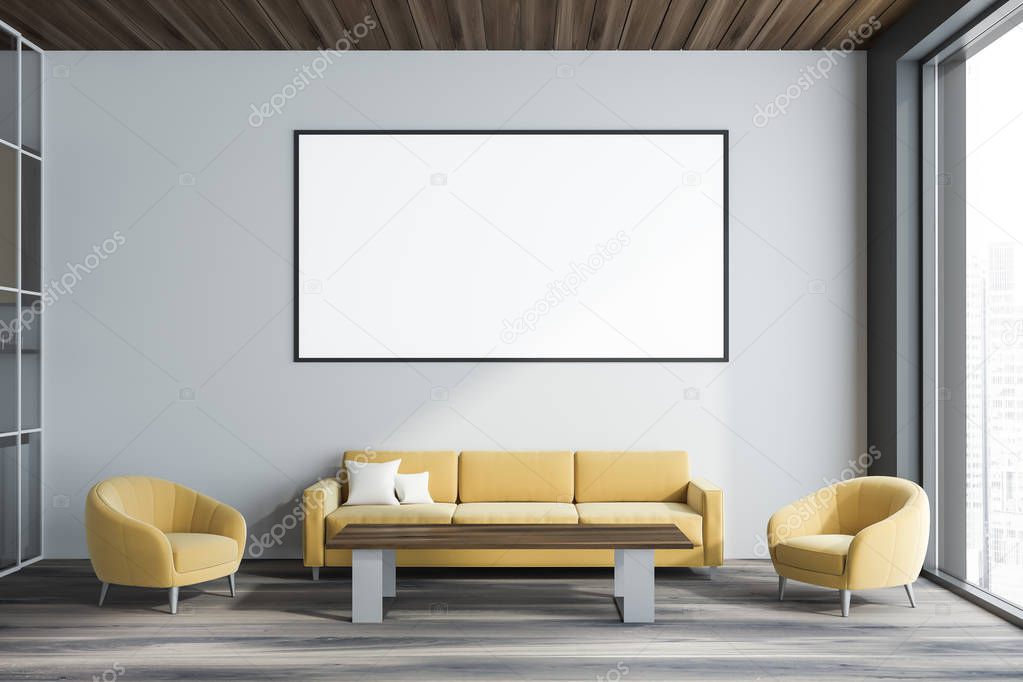 White office waiting room interior with poster