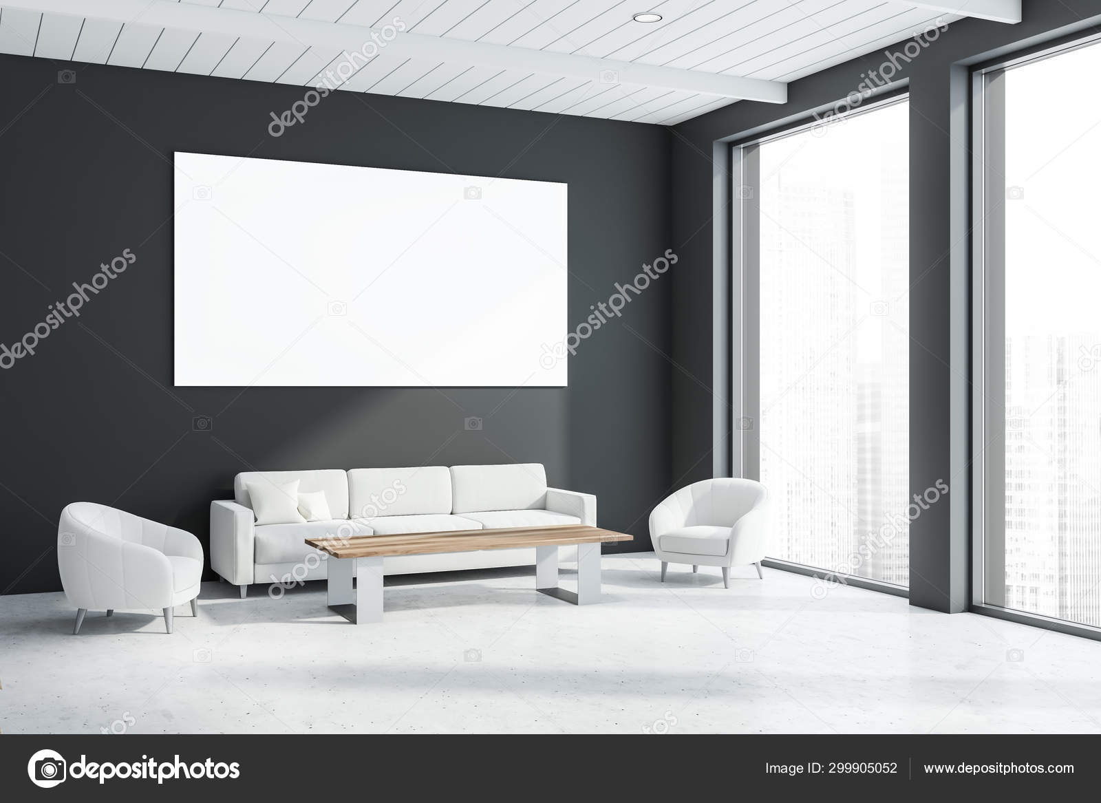 Download Gray Office Waiting Room Corner With Poster Stock Photo Image By C Denisismagilov 299905052