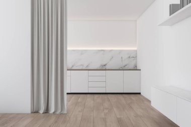 Tezgahlı beyaz ve mermer mutfak iç