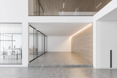 Modern beyaz ve ahşap ofis salonu