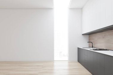 Minimalist mutfağın yan görünümü, gri tezgah