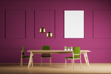 Poster ile koyu kırmızı yemek odası iç