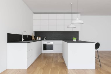 Bar ve sayaçlı beyaz mutfağın yan görünümü