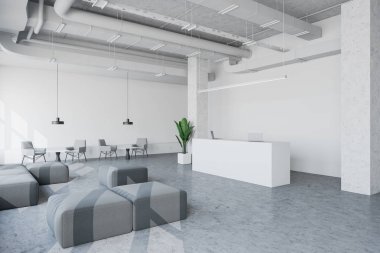 Beyaz endüstriyel tarzda resepsiyon alanı ve salonu